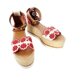 See by Chloé Glyn Embroidered Boho Wedge Espadrille Sandals Size 7 NWT